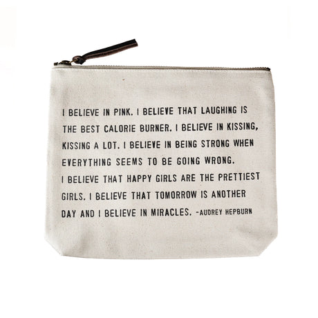 Sugarboo canvas zip pouch with Audrey Hepburn “I Believe in Pink” quote and leather zipper pull