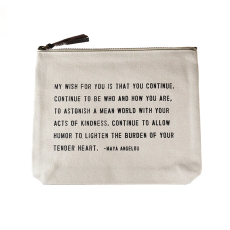 Sugarboo canvas zip pouch with Maya Angelou quote and leather zipper pull