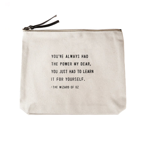 Sugarboo canvas zip pouch with The Wizard of Oz quote and leather zipper pull
