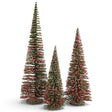 Three tapered green wood Christmas trees in graduated heights with red faux berries, frosted sugar accents, and round brown bases