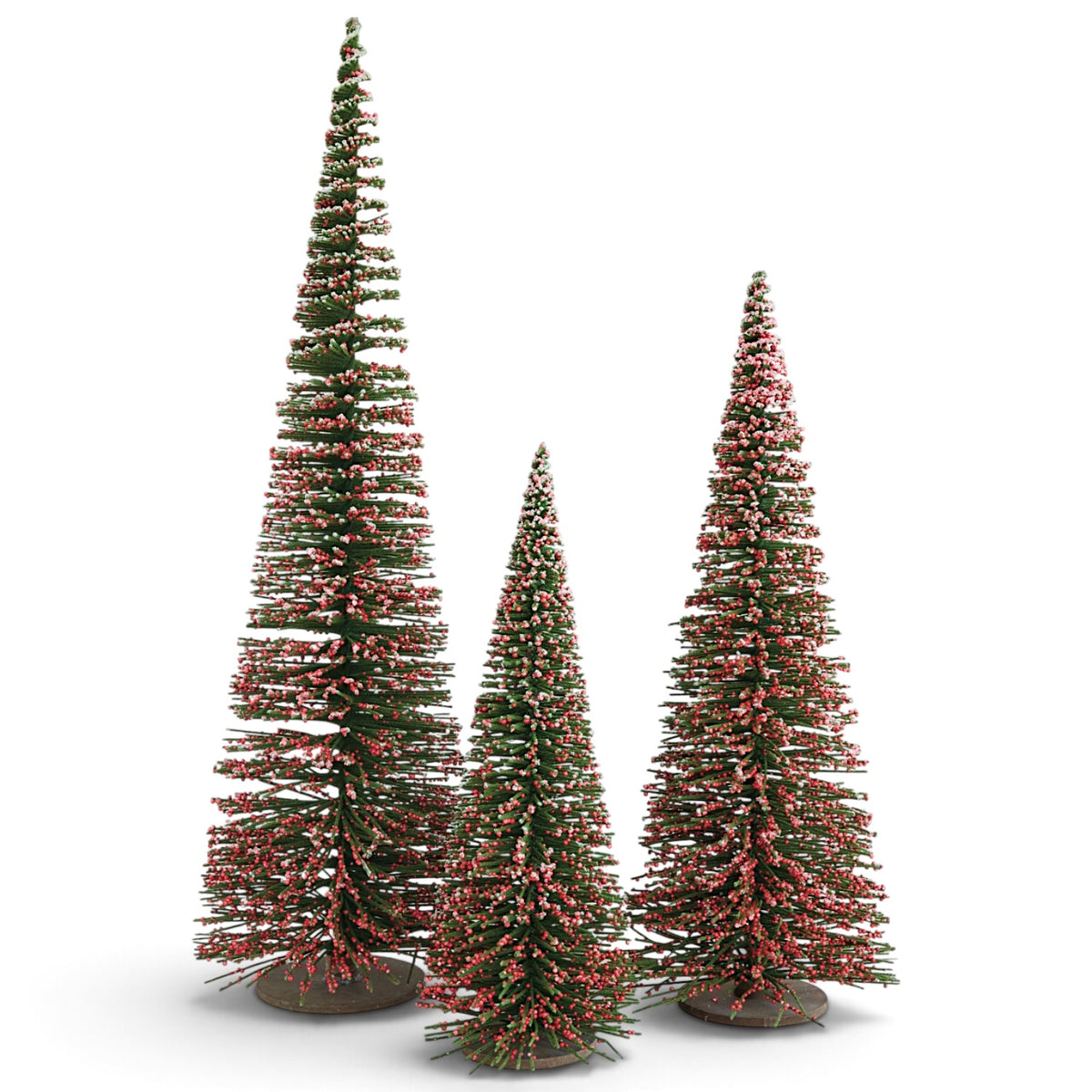Three tapered green wood Christmas trees in graduated heights with red faux berries, frosted sugar accents, and round brown bases