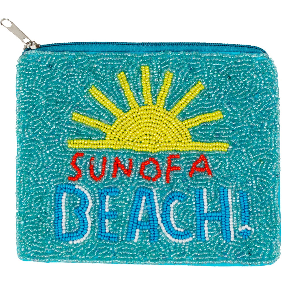 Sun of a Beach Blue Beaded Coin Pouch with Zipper