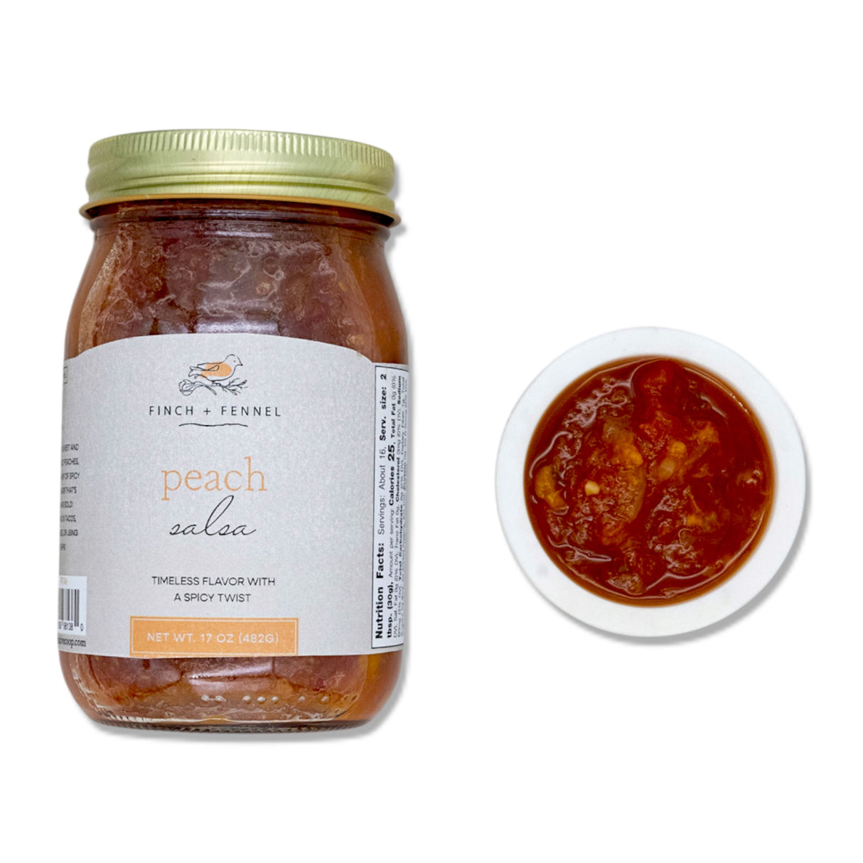 sweet and spicy peach salsa jar for tacos grilled meats and chips by Finch + Fennel
