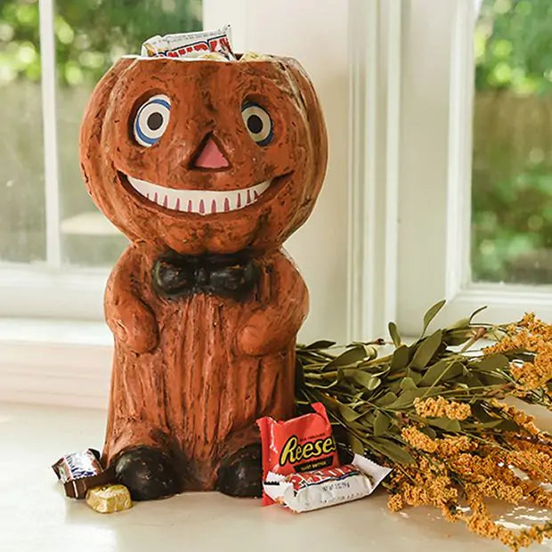 Vintage-Inspired Orange Pumpkin Boy Resin Mache Candy Bucket