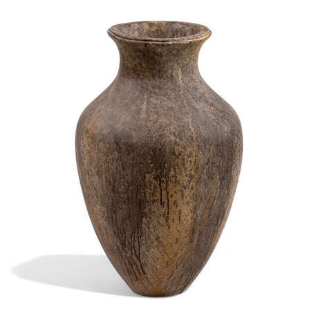 Tall brown ceramic vase with rustic finish and flared rim for floral arrangements