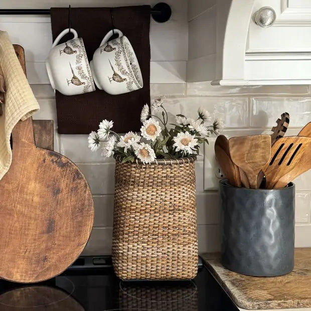 Handwoven Rattan Door Basket with Handle