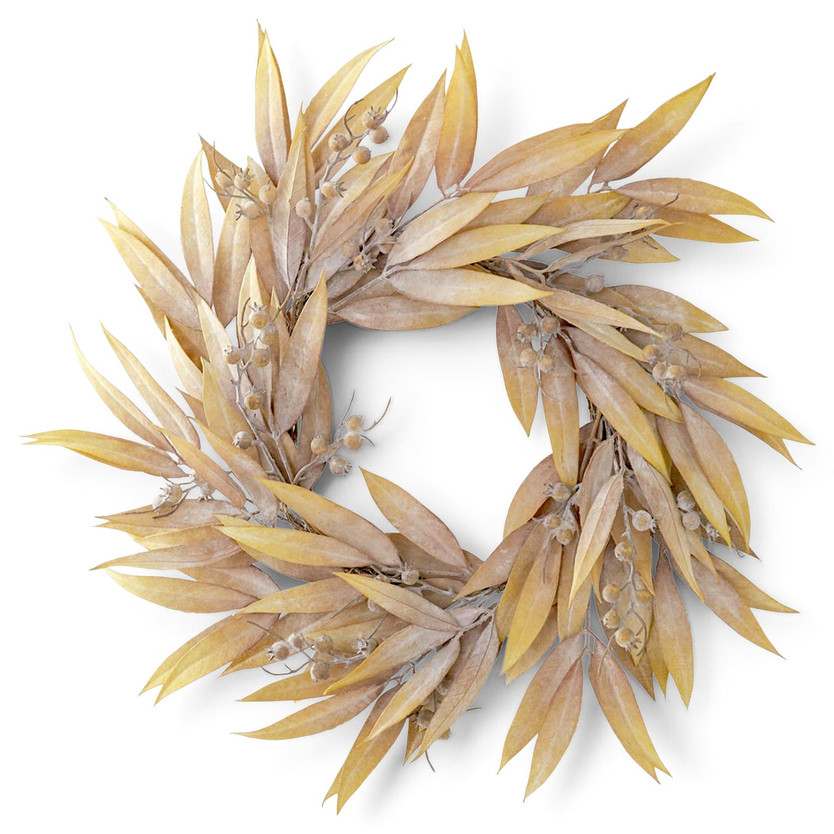 22-inch tan eucalyptus and rosehip wreath with muted golden leaves and natural dried botanical styling