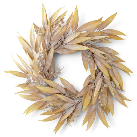 22-inch tan eucalyptus and rosehip wreath with muted golden leaves and natural dried botanical styling
