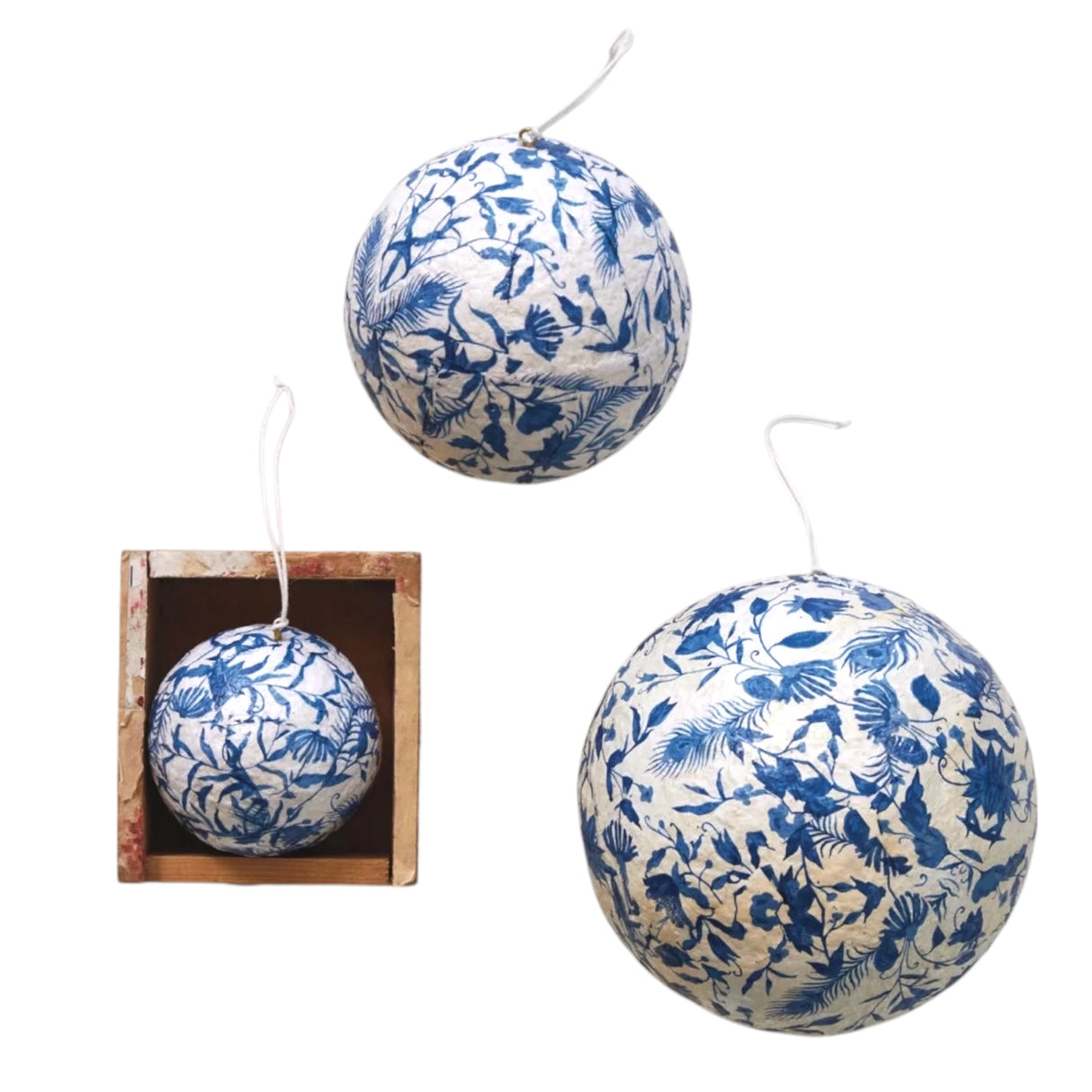 Blue Chinoiserie Recycled Paper Mache Ball Ornament