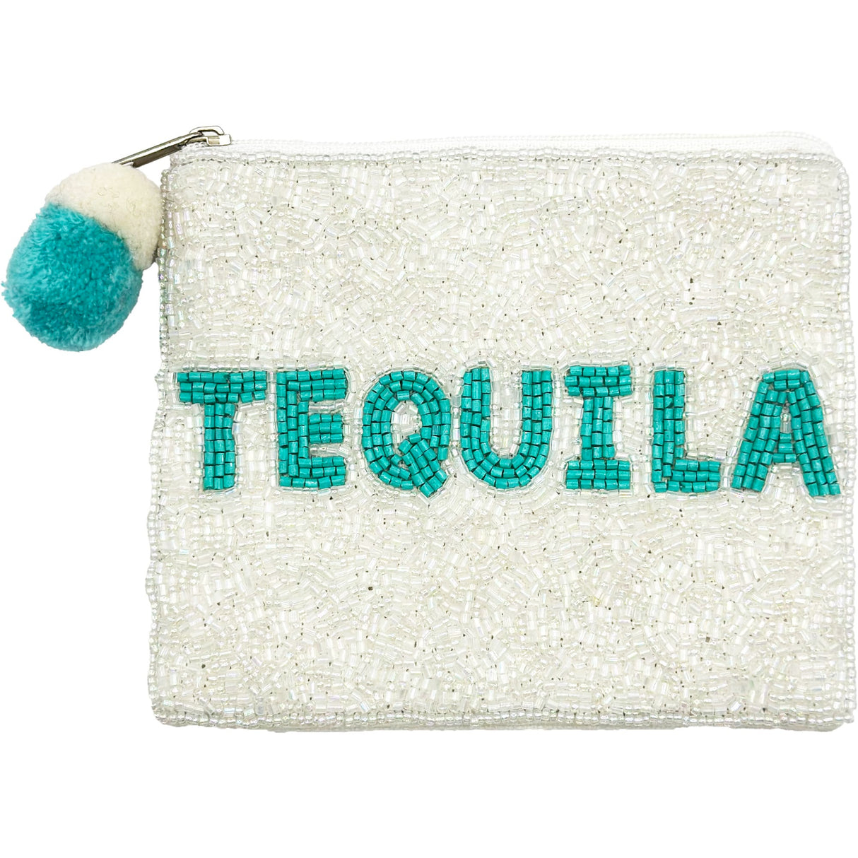 Tequila Teal Beaded Coin Pouch with Pom-Pom Zipper