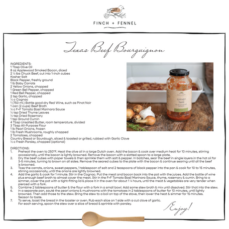Texas beef bourguignon recipe made with Finch + Fennel Tomato Basil Marinara Sauce