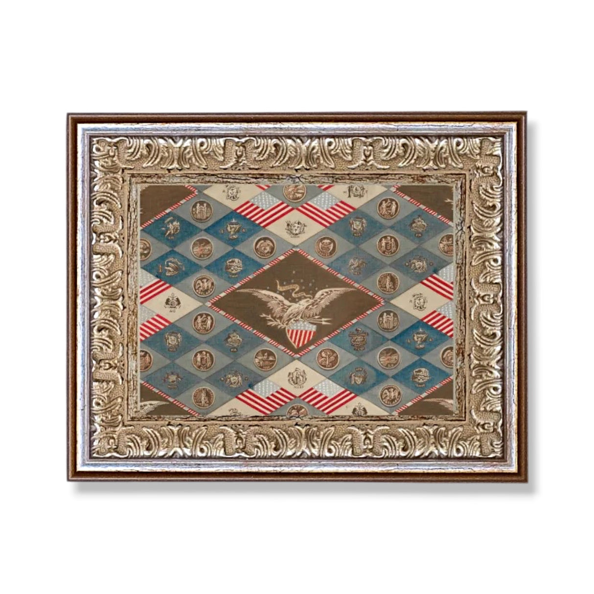 vintage textile state emblems framed wall art americana eagle patchwork design silver gold frame