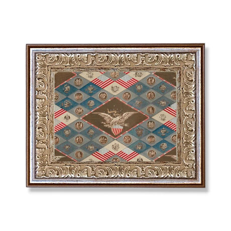 vintage textile state emblems framed wall art americana eagle patchwork design silver gold frame