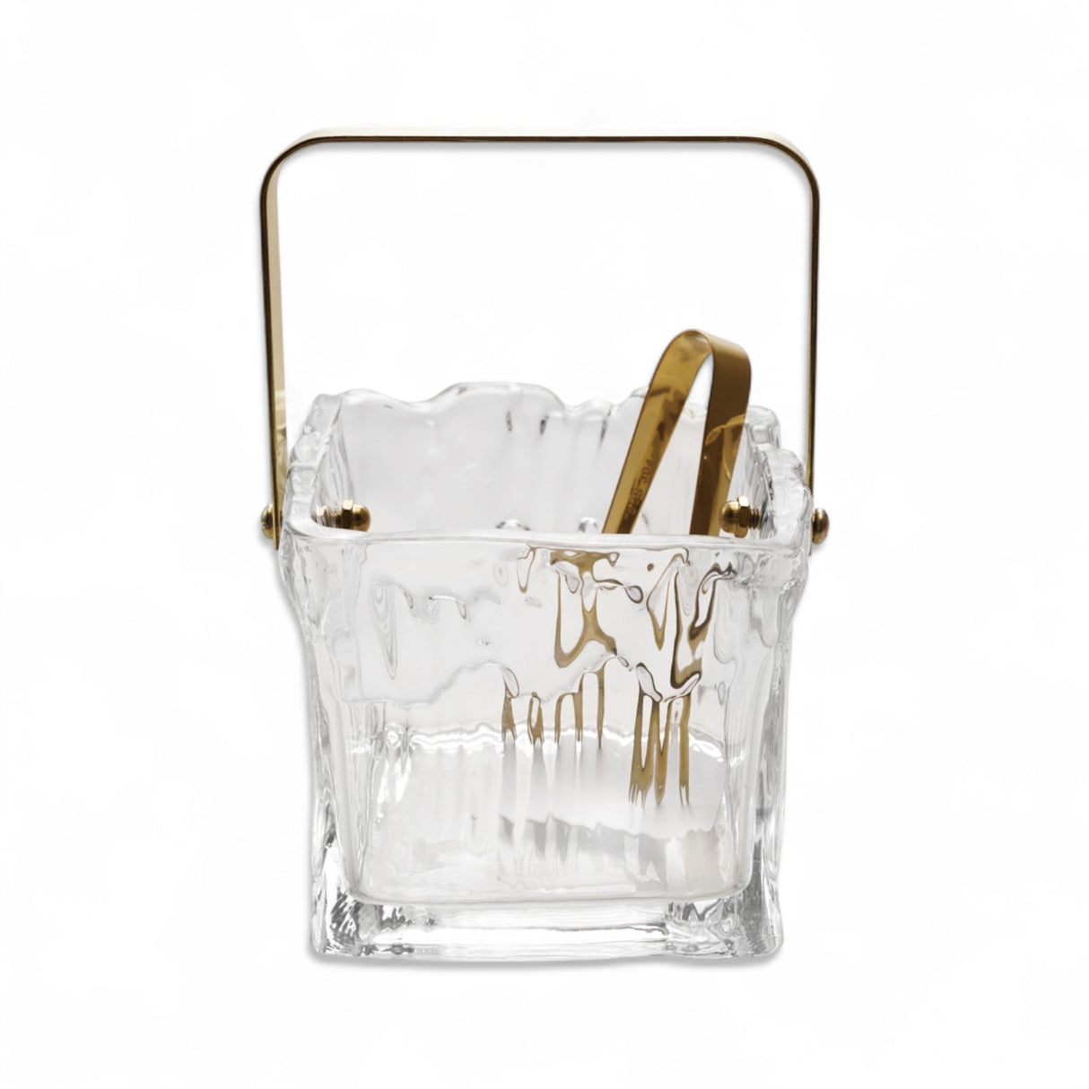 Textured glass ice bucket with gold handle and tongs, set of 2