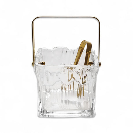 Textured glass ice bucket with gold handle and tongs, set of 2