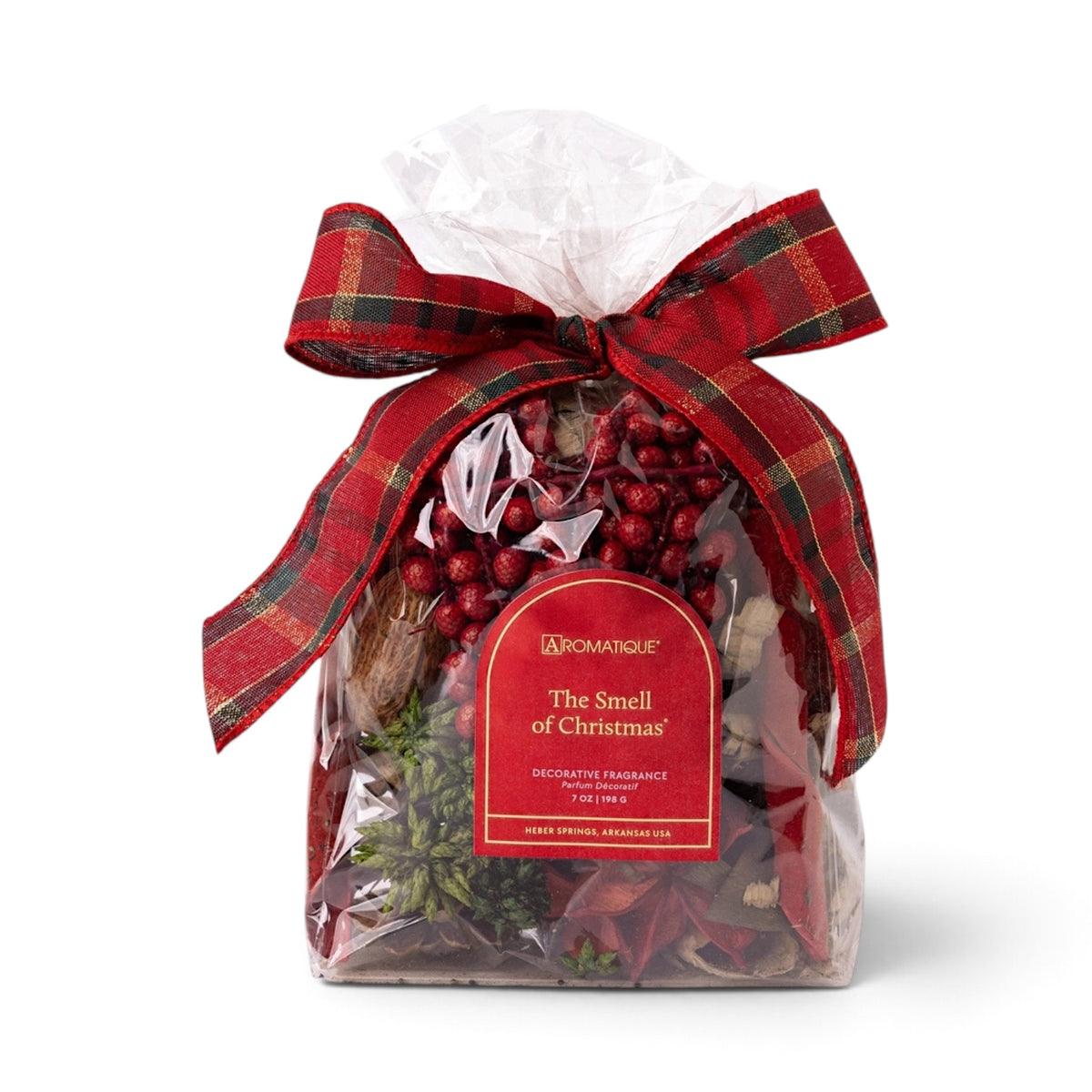 The Smell of Christmas 7 oz decorative potpourri in a clear bag with colorful botanicals, a red Aromatique label, and a red plaid bow