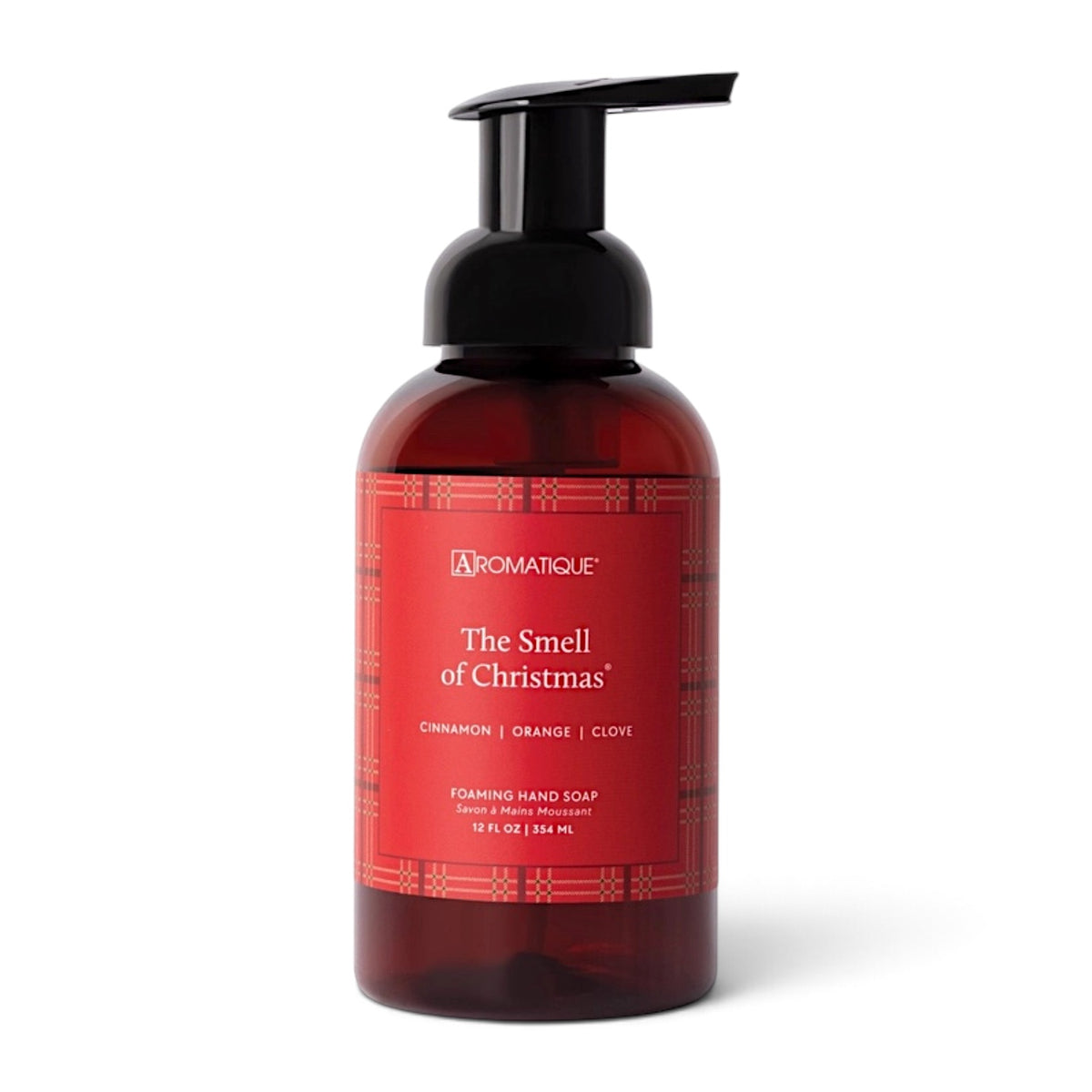 The Smell of Christmas foaming hand soap in an amber-brown 12 fl oz bottle with a black pump and red plaid Aromatique label