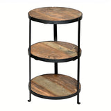 three tier rustic wood and iron display stand round farmhouse countertop shelf