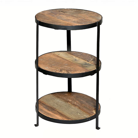 three tier rustic wood and iron display stand round farmhouse countertop shelf