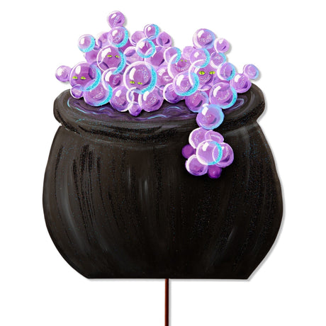 Tillie Cauldron metal Halloween decoration by The Round Top Collection with purple bubbling potion and stake, hang, or easel display