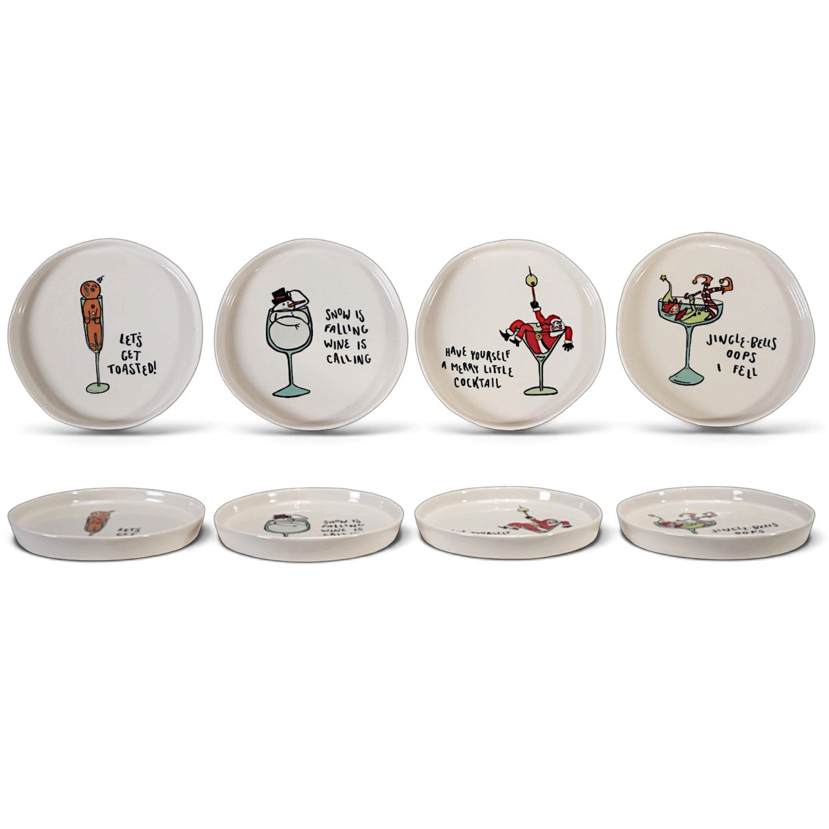 Four cream ceramic plates featuring gingerbread, snowman, Santa, and elf characters in drink glasses with humorous holiday sayings