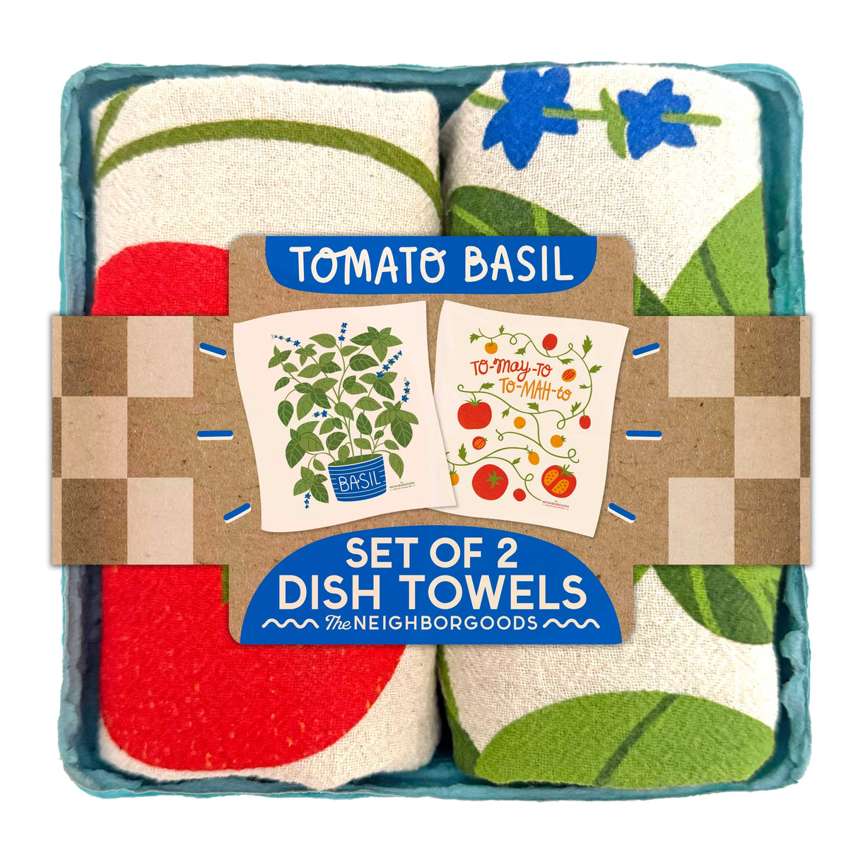 Tomato Basil dish towel set of 2 cotton kitchen towels in compostable produce container