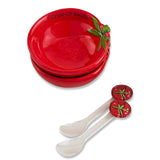 Tomato-themed tidbit plate set with two ceramic plates and two acrylic spoons