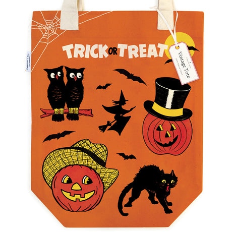 Orange Halloween tote bag with vintage owls, pumpkins, witch, bats, and black cat