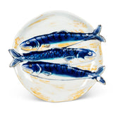 blue yellow ceramic triple fish plate coastal serving dish decorative