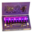 Tru-Tone Black Cat light set with alternating transparent and opaque purple bulbs in an illustrated Halloween display box.