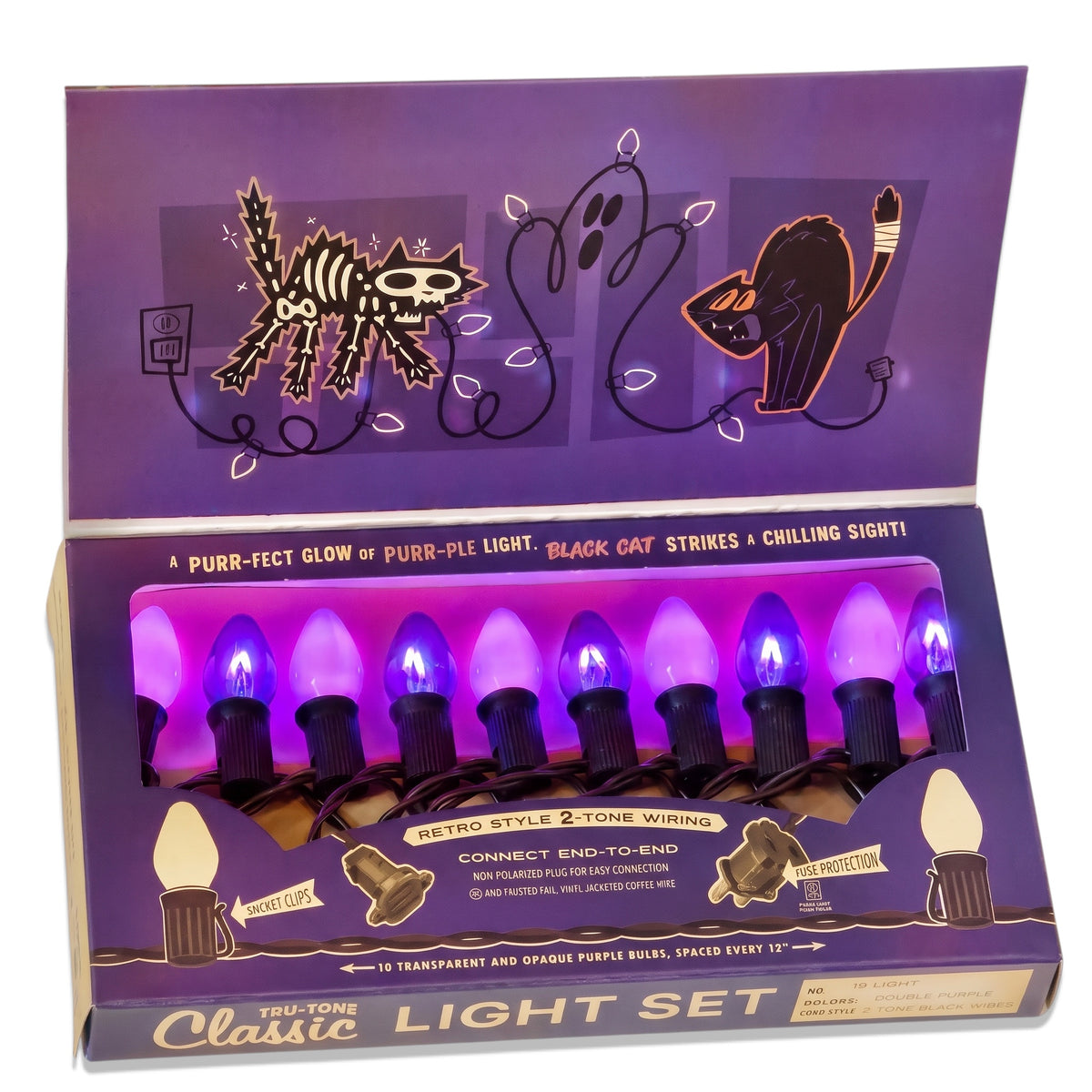 Tru-Tone Black Cat light set with alternating transparent and opaque purple bulbs in an illustrated Halloween display box.