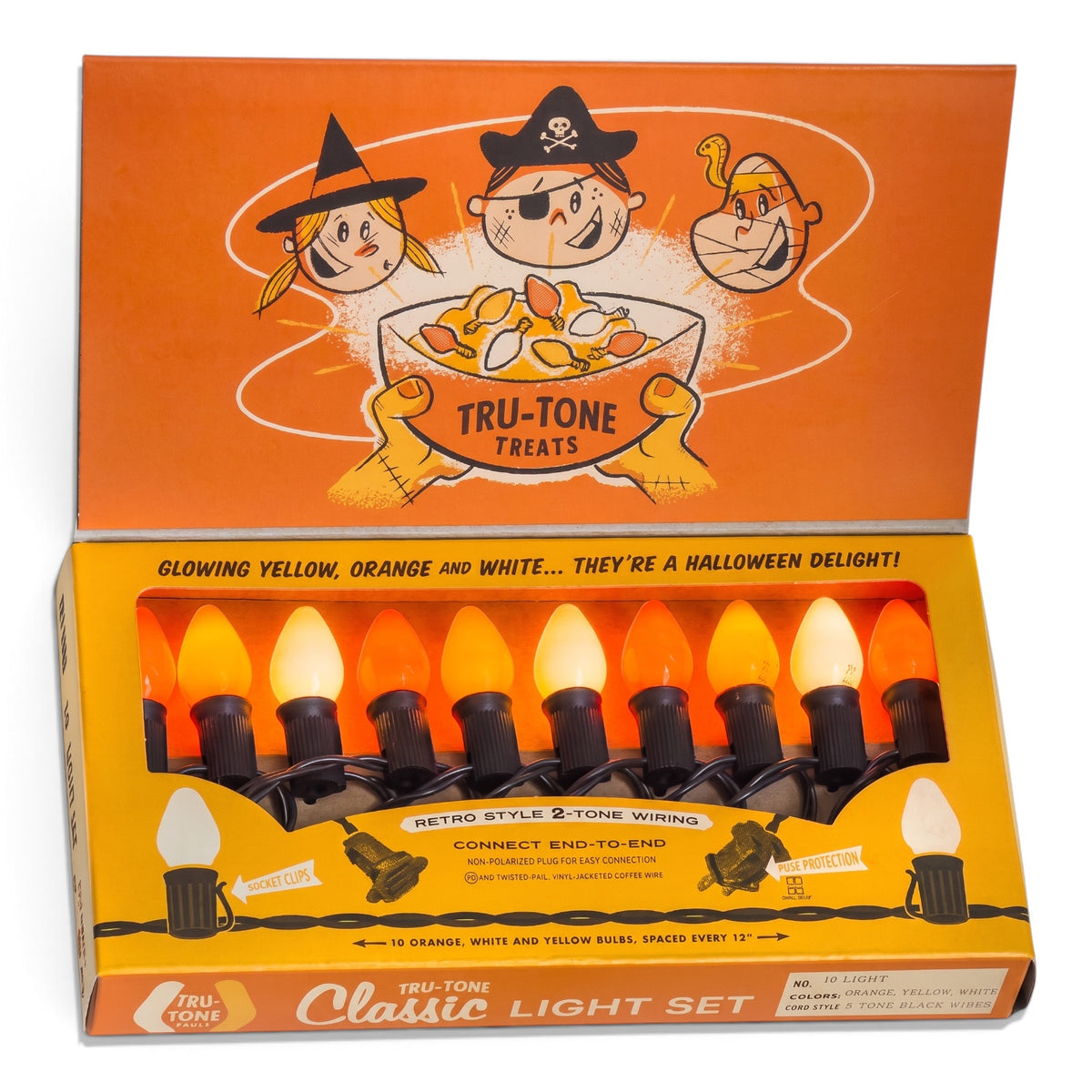 Tru-Tone Candy Corn Classic Halloween light set with 10 orange yellow and white C7 bulbs in vintage display box