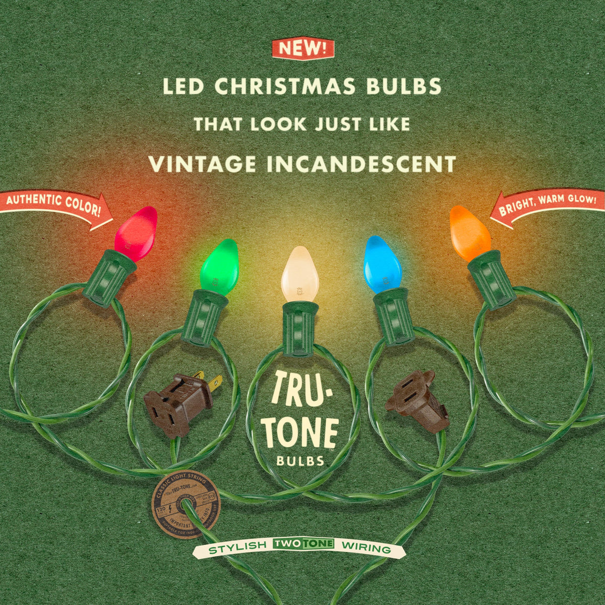 Tru-Tone graphic showing five multicolor LED Christmas bulbs, twisted wiring, and connection plugs.