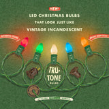 Tru-Tone graphic showing five multicolor LED Christmas bulbs, twisted wiring, and connection plugs.