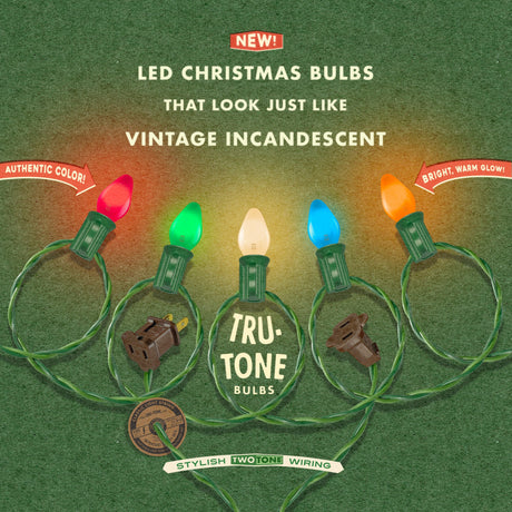 Tru-Tone graphic showing five multicolor LED Christmas bulbs, twisted wiring, and connection plugs.