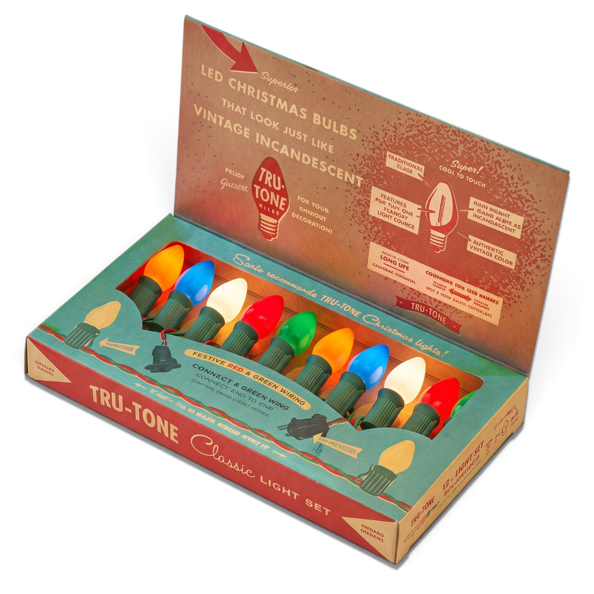 Tru-Tone Classic multicolor C7 Christmas lights with green sockets and red-and-green twisted wiring in a vintage-style gift box.