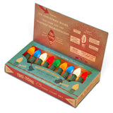 Tru-Tone Classic multicolor C7 Christmas lights with green sockets and red-and-green twisted wiring in a vintage-style gift box.