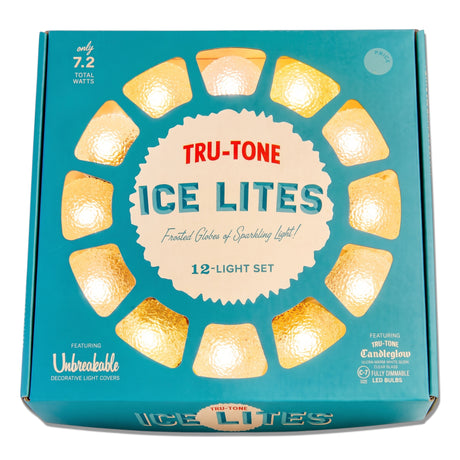 Tru-Tone Ice-Lites clear frosted snowball light strand with textured globe covers and a warm LED glow.