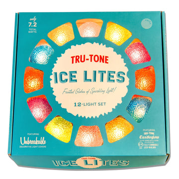Tru-Tone Ice-Lites 12-light set with glowing multicolor frosted globe covers displayed in a teal retro-style box.