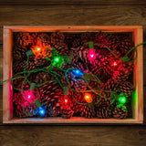Illuminated Tru-Tone Jeweltone C7 lights arranged over pinecones in a wooden tray.