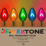 Tru-Tone Jeweltone C7 bulbs in red, amber, green, blue, and pink with visible glowing filaments.
