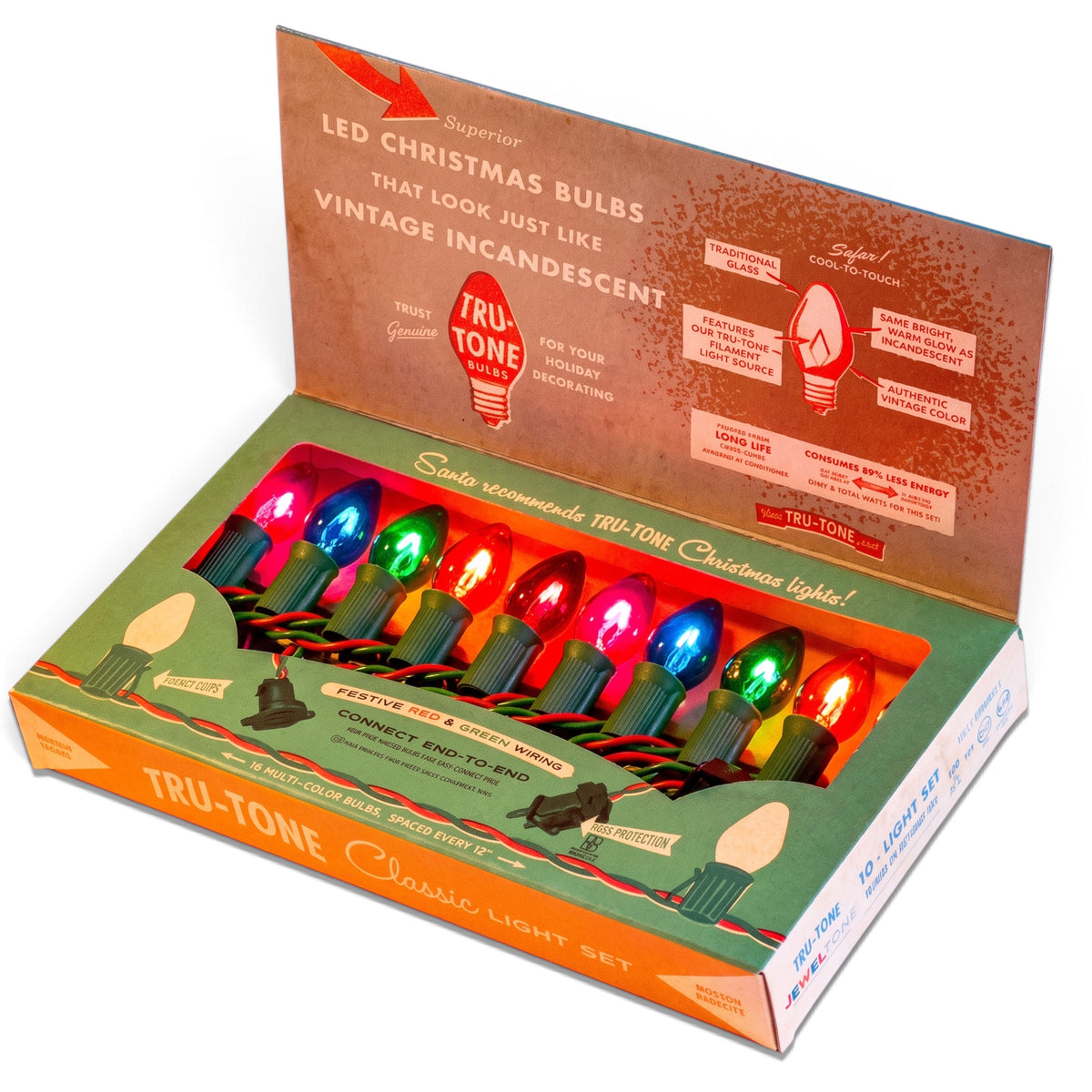 Tru-Tone Jeweltone translucent multicolor C7 Christmas lights with green sockets and red-and-green twisted wiring in a retro gift box.