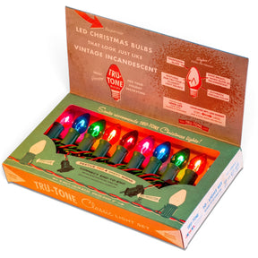 Tru-Tone Jeweltone translucent multicolor C7 Christmas lights with green sockets and red-and-green twisted wiring in a retro gift box.