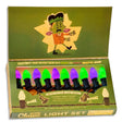 Tru-Tone Monster Mash Halloween light set with green and purple C7 LED bulbs in vintage display box
