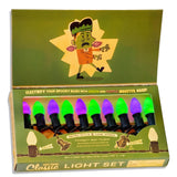 Tru-Tone Monster Mash Halloween light set with green and purple C7 LED bulbs in vintage display box
