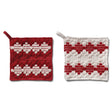 Two square woven cotton pot holders with tufted diamond patterns and hanging loops, one red with cream details and one cream with red details