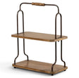 Two-tier wood and dark metal tabletop display shelf with turned wood handle