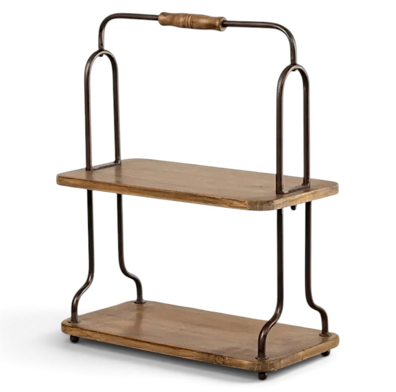 Two-tier wood and dark metal tabletop display shelf with turned wood handle