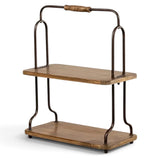 Two-tier wood and dark metal tabletop display shelf with turned wood handle