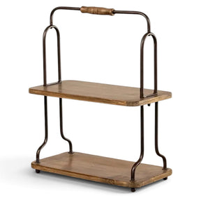 Two-tier wood and dark metal tabletop display shelf with turned wood handle